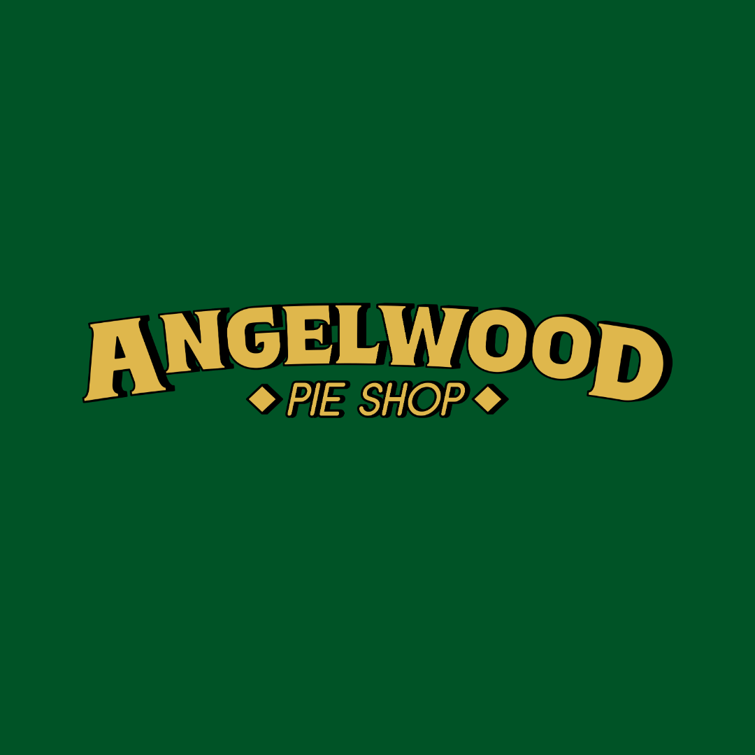 Text: ANGELWOOD PIE SHOP. Image: Gold text on a green background.