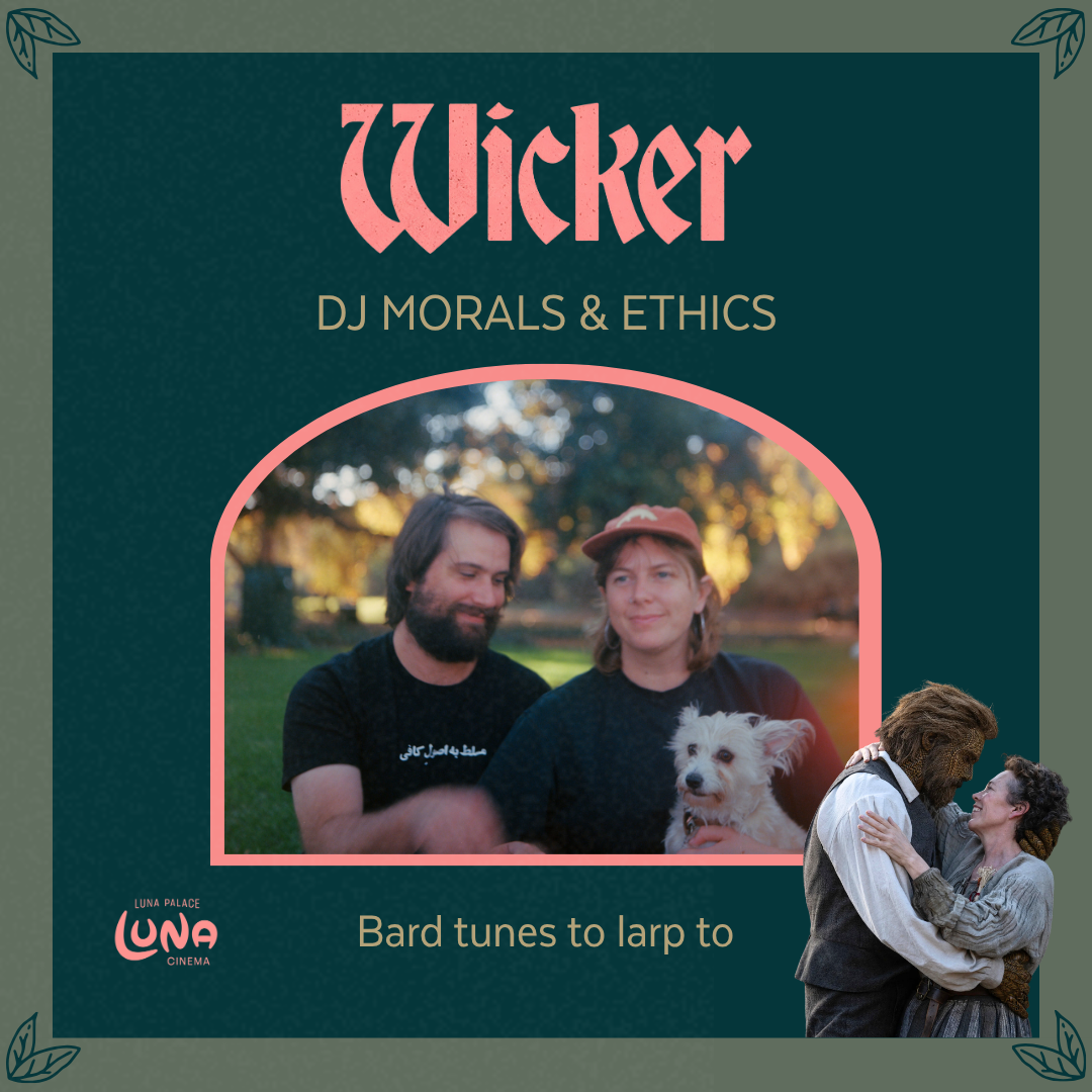 Wicker: DJ Morals & Ethics. Bard tunes to larp to. Image: A couple at the park with a white dog.